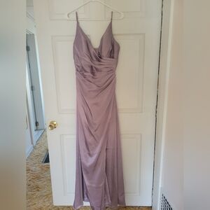 David's Bridal Galina Lavender Haze Long V-Nevk Faux Wrap Bridesmaid Dress